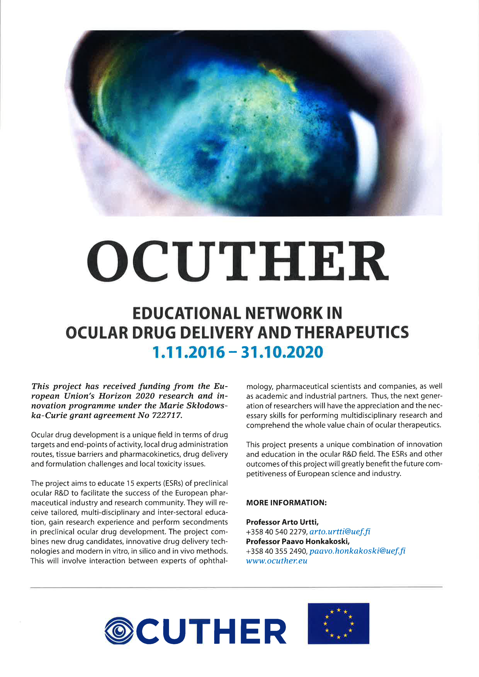 OcuTher flyer with information on the project, including the picture of an eye, the OcuTher logo and EU-flag